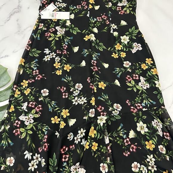 Calvin Klein Floral Midi Dress Size 10 New Black Green Flutter Hem Shift - Picture 9 of 10